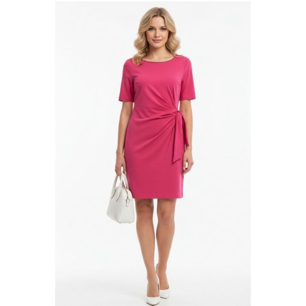 White House Black Market Pink Short Sleeve Embellished Neck Side‎ Tie Dress L
